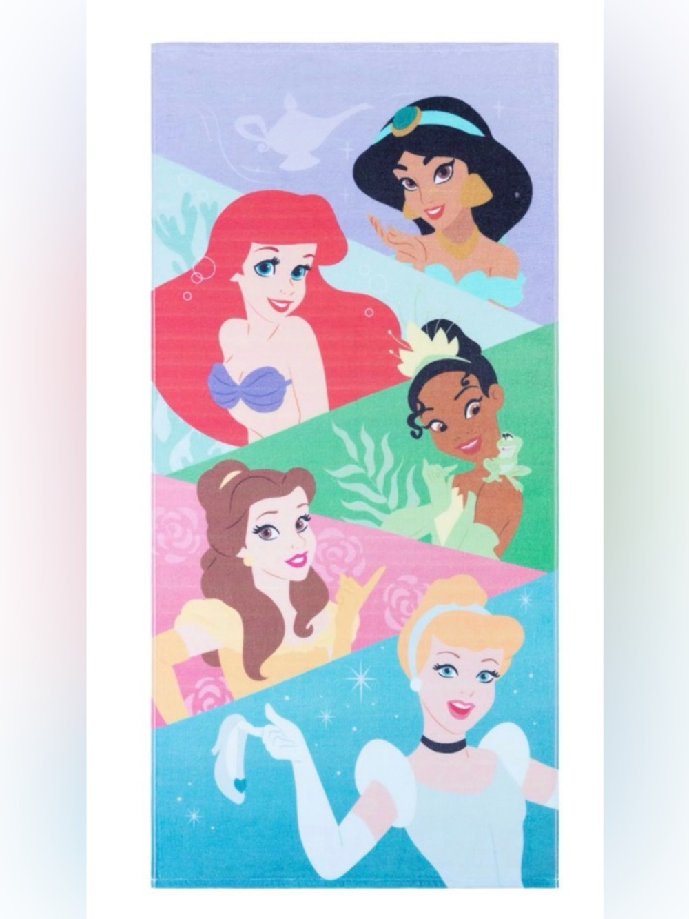 Disney Princesses Tiana, Jasmine, Ariel, Belle, & Cinderella Beach Towel